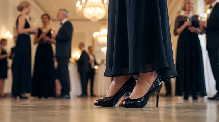 What aesthetic do peep toe heels offer for evening dresses? Achieve Relaxed Chic Style