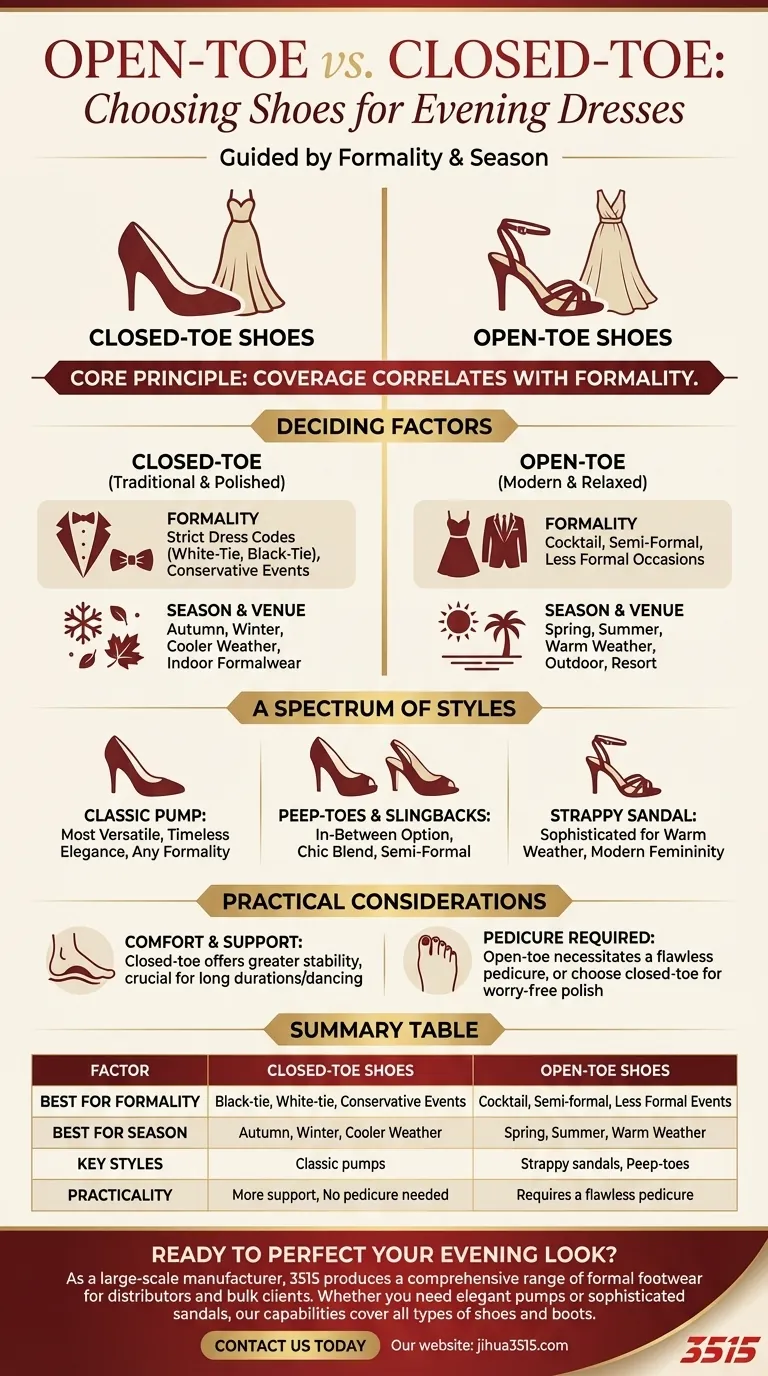 Quando escolher sapatos abertos ou fechados para vestidos de noite? Um guia para o calçado formal perfeito Guia Visual