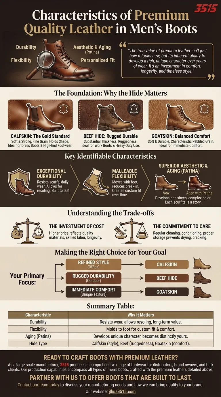 ¿Cuáles son las características del cuero de primera calidad utilizado en las botas de hombre? Durabilidad, flexibilidad y estilo atemporal Guía Visual
