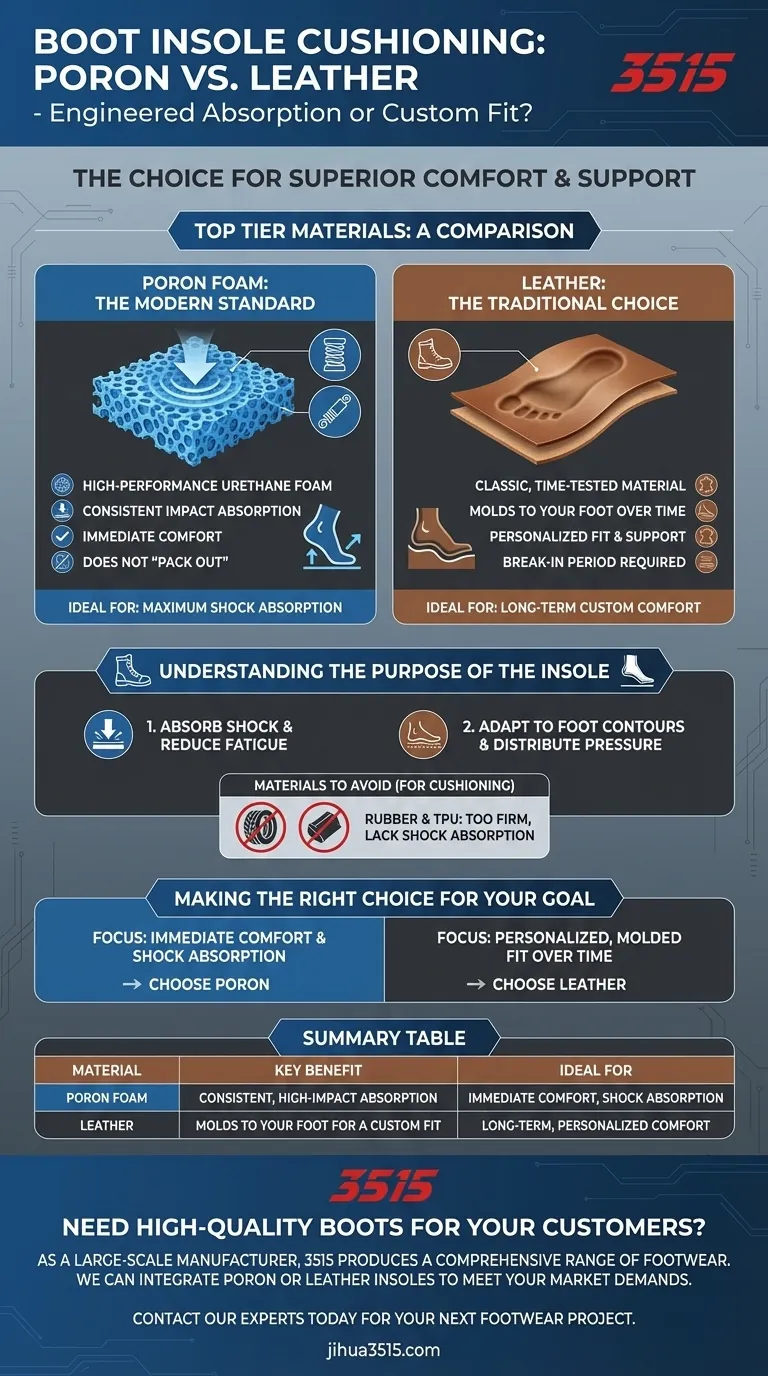 Quel matériau est recommandé pour l'amorti de la semelle intérieure des bottes ? Poron vs. Cuir expliqué Guide Visuel