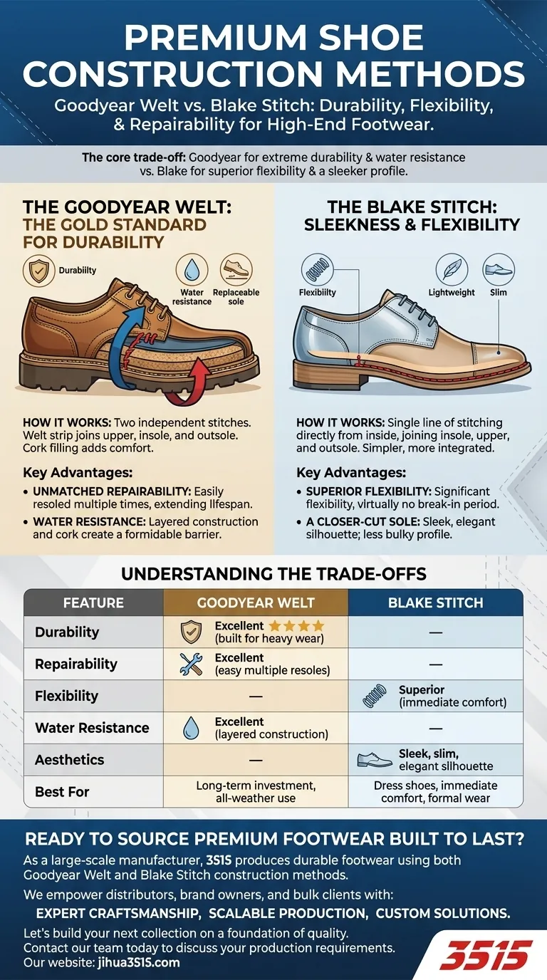 Quelles sont les deux principales méthodes de construction de chaussures mentionnées pour les chaussures haut de gamme ? Goodyear Welt vs. Blake Stitch expliqué Guide Visuel