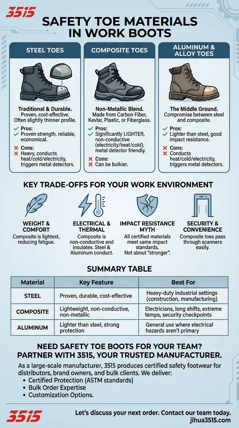ما هي المواد المستخدمة لأغطية الأصابع الواقية؟ اختر الفولاذ أو المركب أو الألومنيوم لأحذية العمل الخاصة بك دليل مرئي