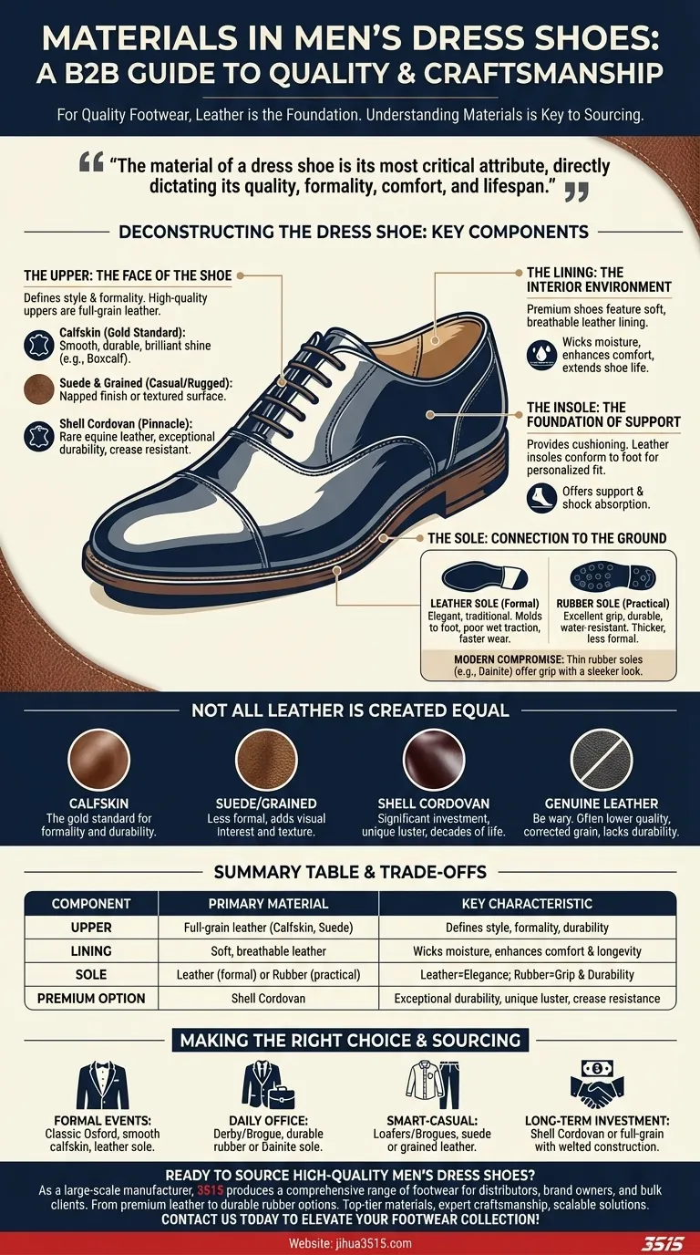 대부분의 남성 정장 구두는 어떤 소재로 만들어지나요? 가죽, 밑창 및 품질 가이드 시각적 가이드
