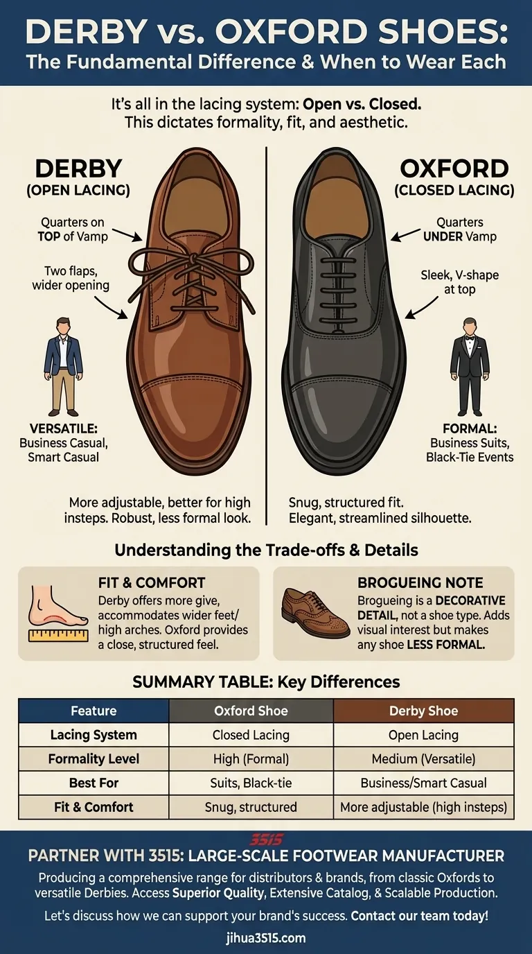 ダービーシューズとは何か、オックスフォードシューズとどう違うのか？ レーシングとフォーマル度に関するガイド ビジュアルガイド