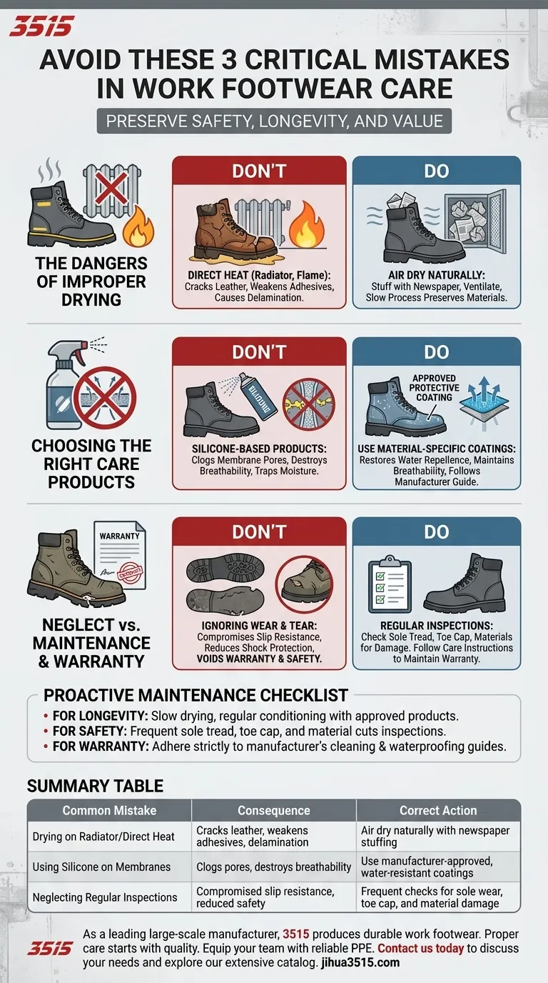 作業用履物のお手入れで避けるべきことは何ですか？投資と安全を守る ビジュアルガイド