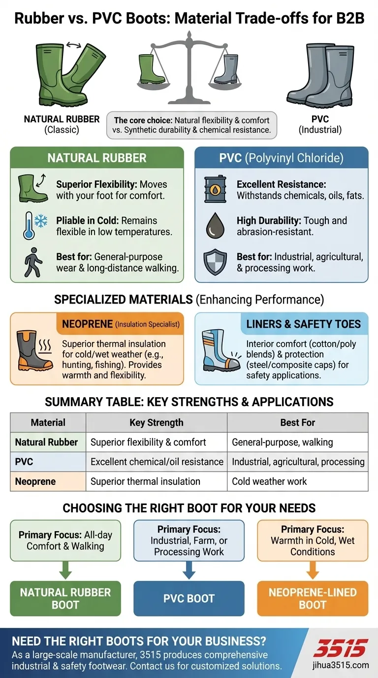 Quali sono i due materiali principali per gli stivali di gomma? Scegli tra gomma naturale e PVC Guida Visiva