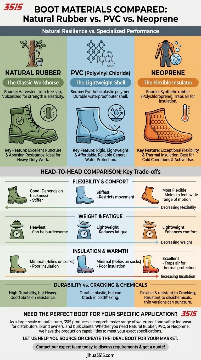 Quelle est la différence entre le caoutchouc naturel et les matériaux synthétiques comme le PVC et le néoprène pour les bottes ? Guide Visuel