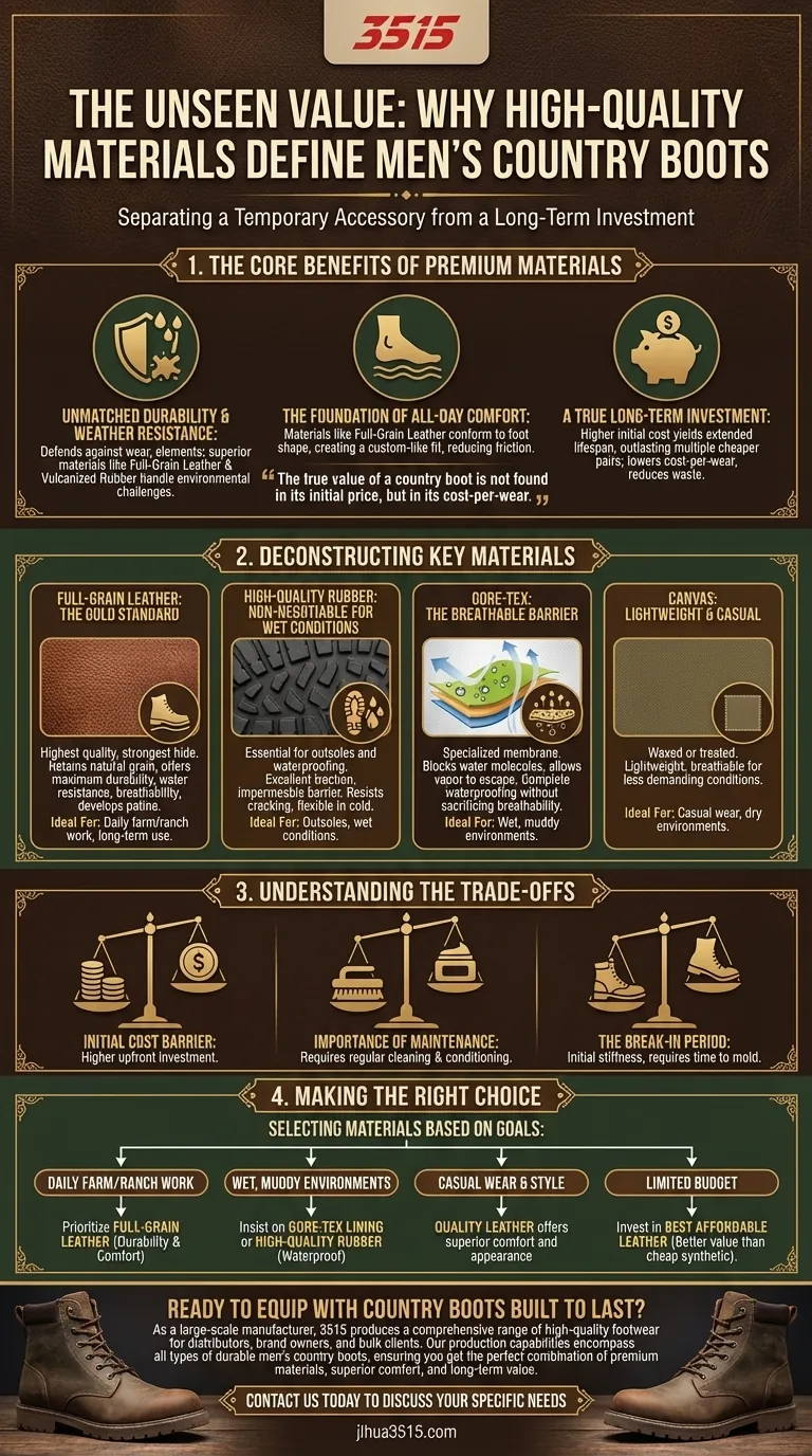 Pourquoi les matériaux de haute qualité sont-ils importants pour les bottes de campagne pour hommes ? Investissez dans la durabilité et la valeur à long terme Guide Visuel