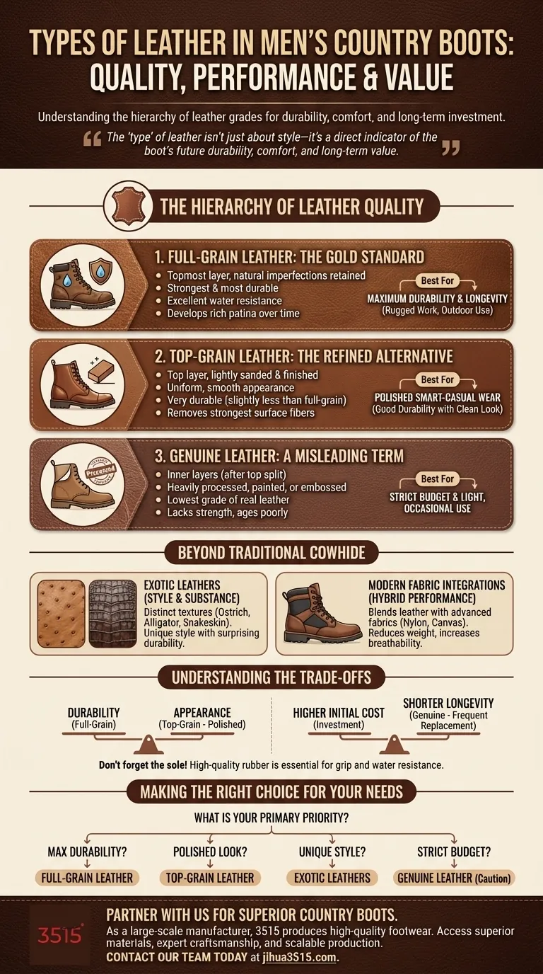 Quels sont les différents types de cuir utilisés dans les bottes de campagne pour hommes ? Un guide de durabilité et de style Guide Visuel