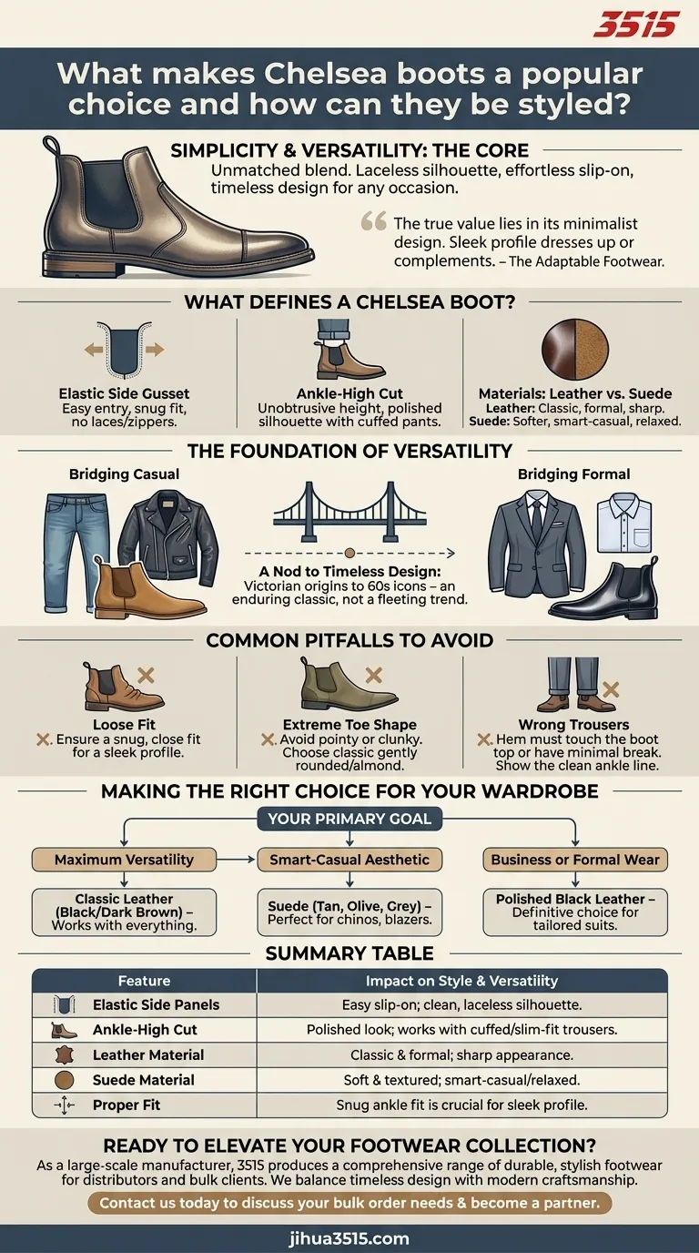 Qu'est-ce qui fait des bottines Chelsea un choix populaire et comment peuvent-elles être stylisées ? Un guide des chaussures polyvalentes Guide Visuel