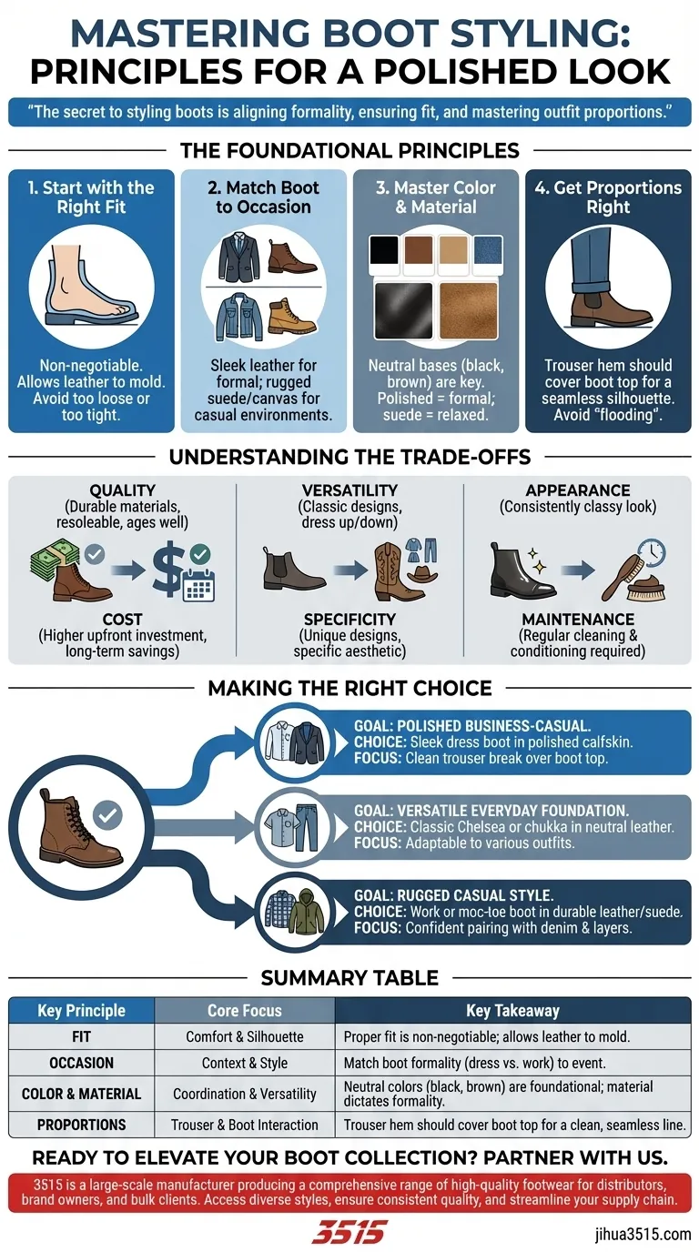 Quels sont quelques conseils généraux pour bien porter des bottes ? Maîtriser l'ajustement, les proportions et l'occasion Guide Visuel
