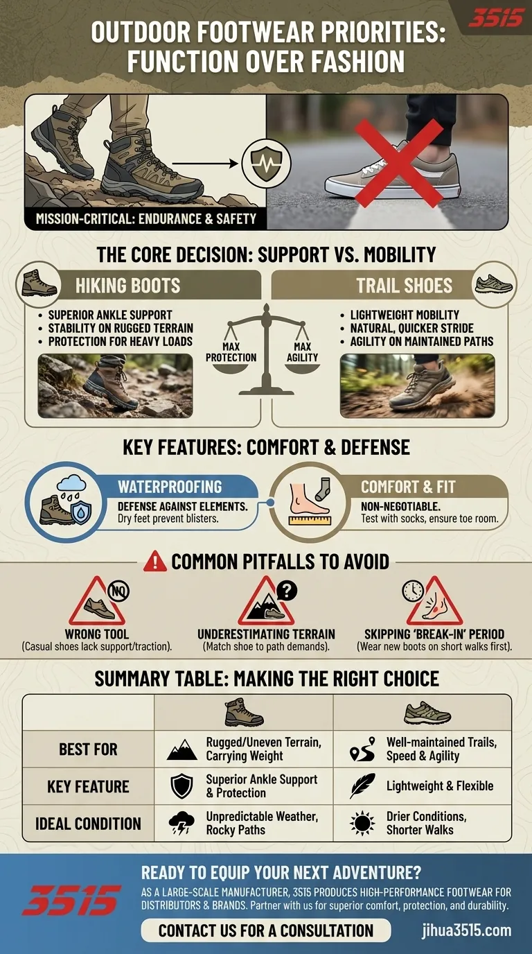 Que doivent privilégier les marcheurs lors du choix de chaussures pour les aventures en plein air ? Caractéristiques clés pour la sécurité et le confort. Guide Visuel