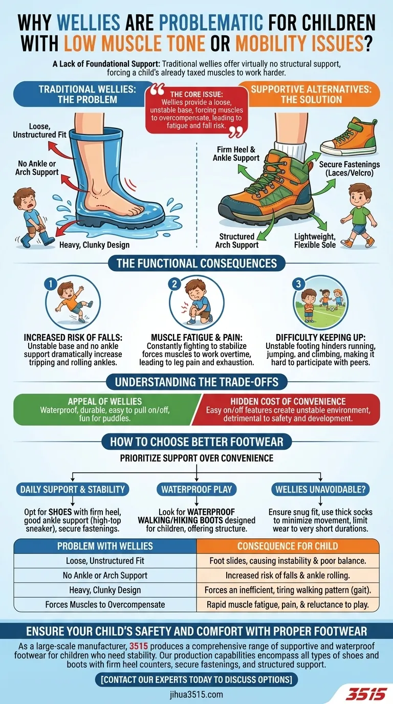 Pourquoi les bottes en caoutchouc sont-elles problématiques pour les enfants ayant une faible tonicité musculaire ou des problèmes de mobilité ? Trouvez des alternatives sûres et de soutien. Guide Visuel