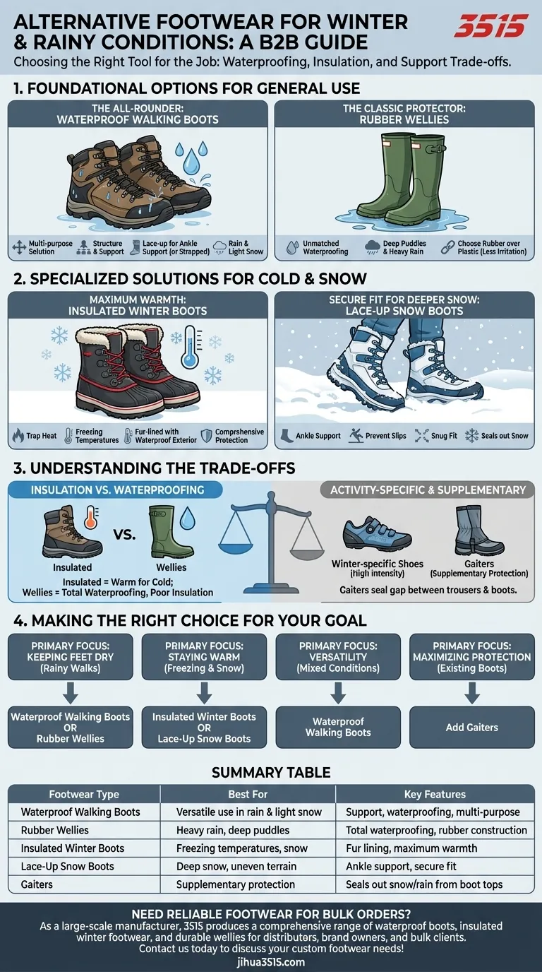 Quelles options de chaussures alternatives ont été suggérées pour les conditions hivernales et pluvieuses ? Restez au chaud et au sec avec les bonnes bottes Guide Visuel