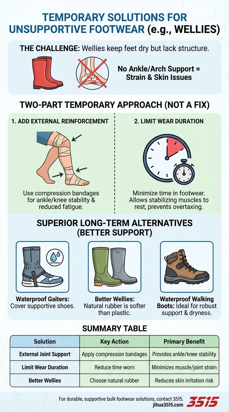 Quelles solutions temporaires ont été mentionnées pour l'utilisation de chaussures moins soutenantes comme des bottes en caoutchouc ? Protégez vos pieds maintenant Guide Visuel