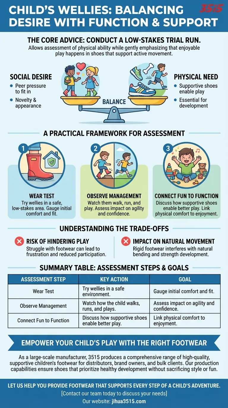 Quels conseils pratiques ont été donnés concernant l'essai de bottes de pluie pour un enfant ? Un guide pour équilibrer plaisir et fonctionnalité Guide Visuel