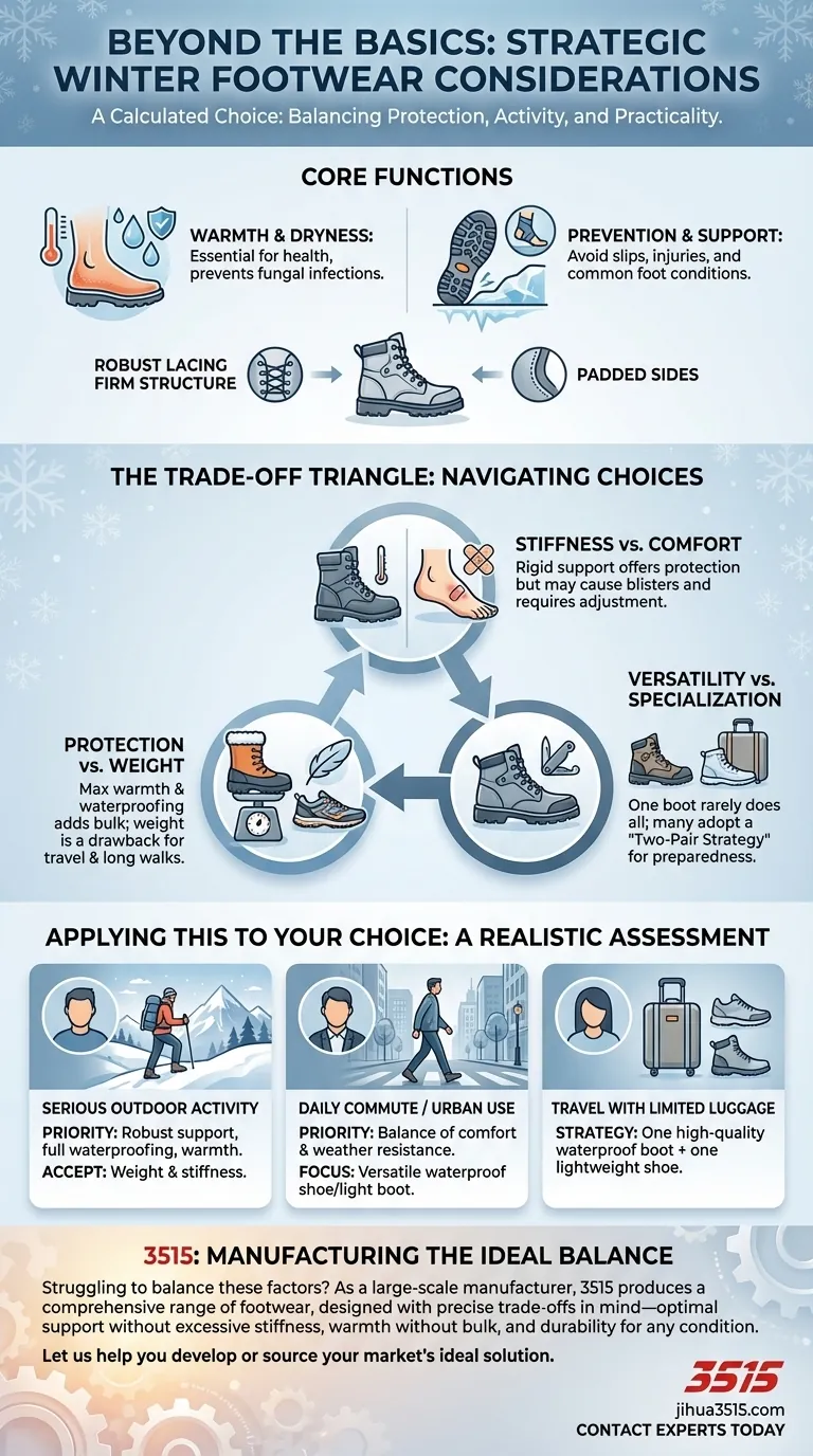 Quelles considérations supplémentaires ont été mentionnées pour les chaussures d'hiver ? Équilibrer protection, confort et praticité Guide Visuel