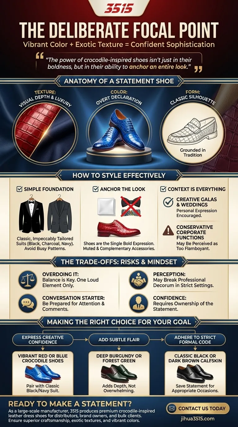 Come possono le scarpe eleganti in pelle ispirate al coccodrillo fare una dichiarazione agli eventi formali? Comanda l'attenzione con uno stile audace Guida Visiva