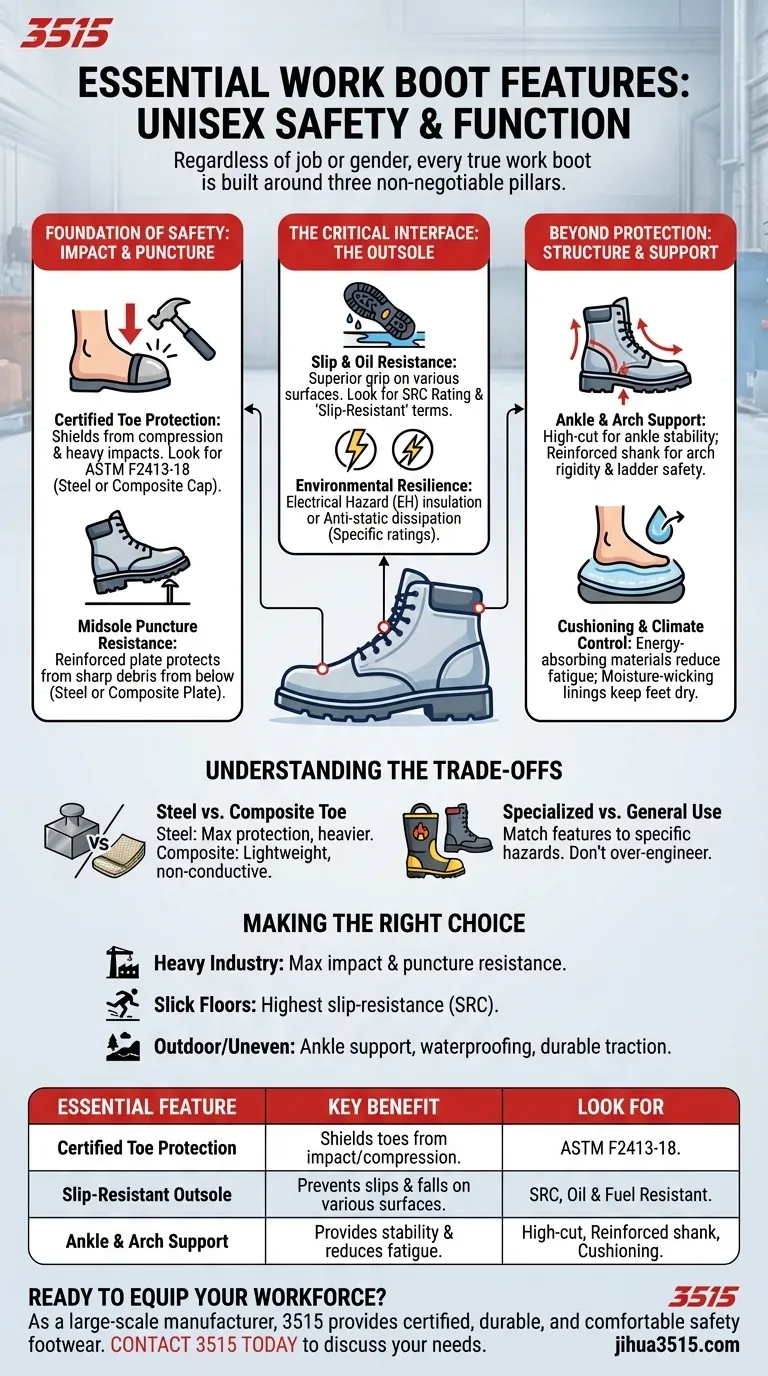 Quali sono le caratteristiche essenziali che tutti gli scarponi da lavoro dovrebbero avere indipendentemente dal genere? Sicurezza e supporto non negoziabili Guida Visiva