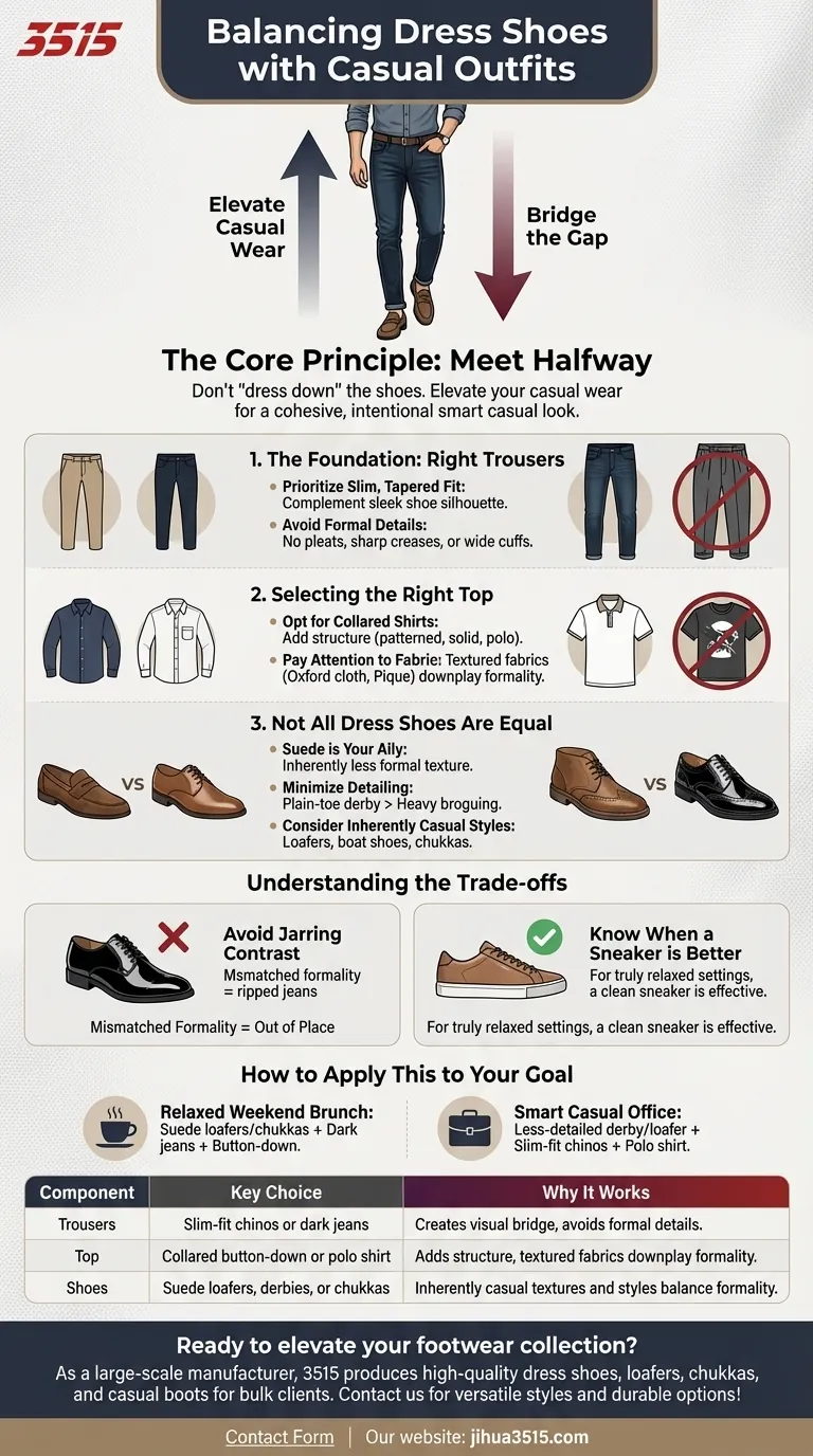 Come si può bilanciare un outfit casual quando si indossano scarpe eleganti? Ottenere un look smart casual curato Guida Visiva