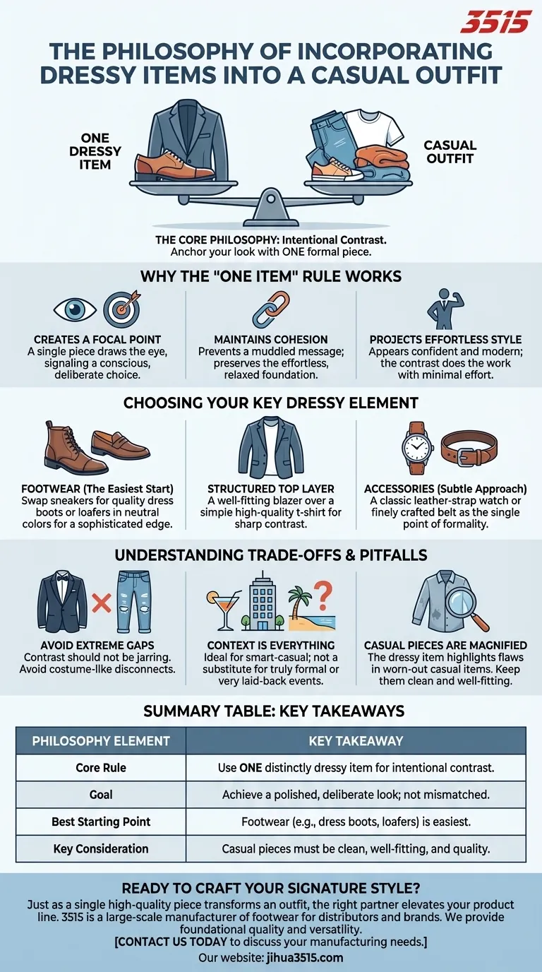 ما هي الفلسفة العامة لدمج العناصر الأنيقة في زي غير رسمي؟ إتقان قاعدة "العنصر الواحد" دليل مرئي