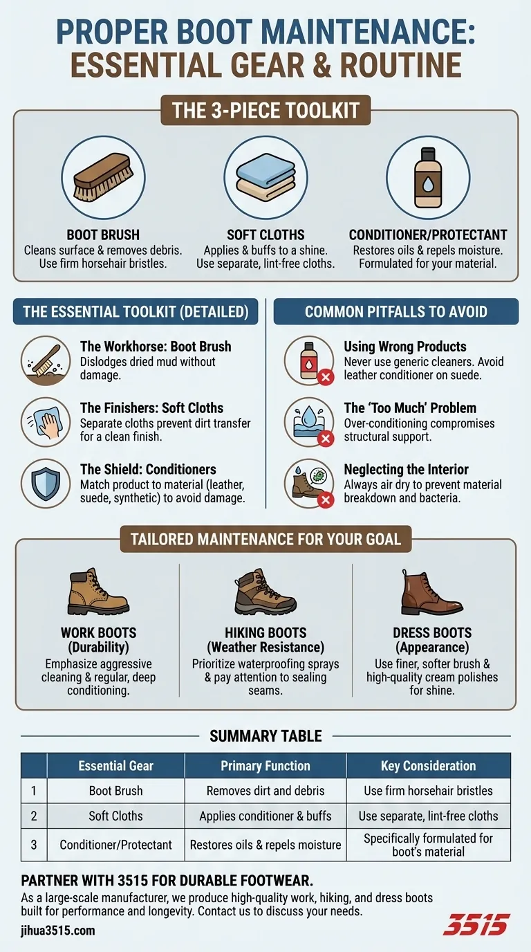Quel équipement est recommandé pour un entretien adéquat des bottes ? Constituez votre kit essentiel pour la longévité Guide Visuel