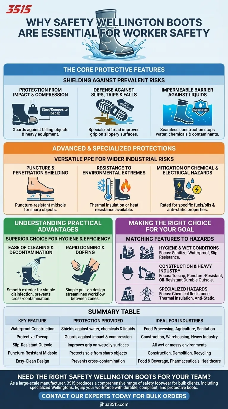 Qu'est-ce qui rend les bottes de sécurité Wellington essentielles pour la sécurité des travailleurs ? Protection inégalée pour les travaux humides et dangereux Guide Visuel