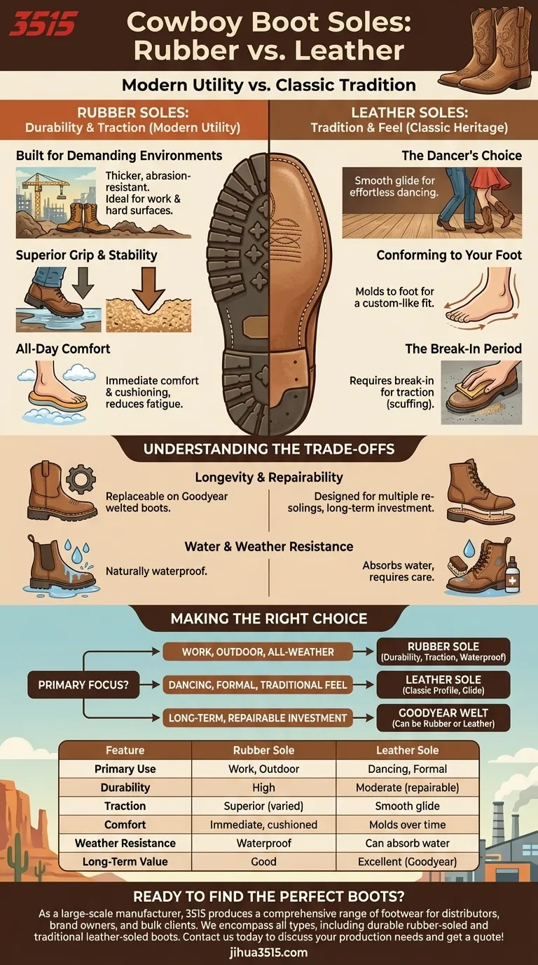 Quelles sont les différences entre les semelles en caoutchouc et en cuir pour les bottes de cowboy ? Choisissez la bonne base pour vos besoins Guide Visuel