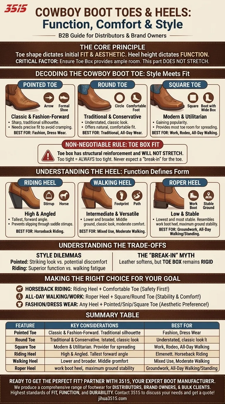 Que faut-il considérer concernant les styles d'embout et de talon des bottes de cowboy ? Choisissez pour la fonction, le confort et le style. Guide Visuel