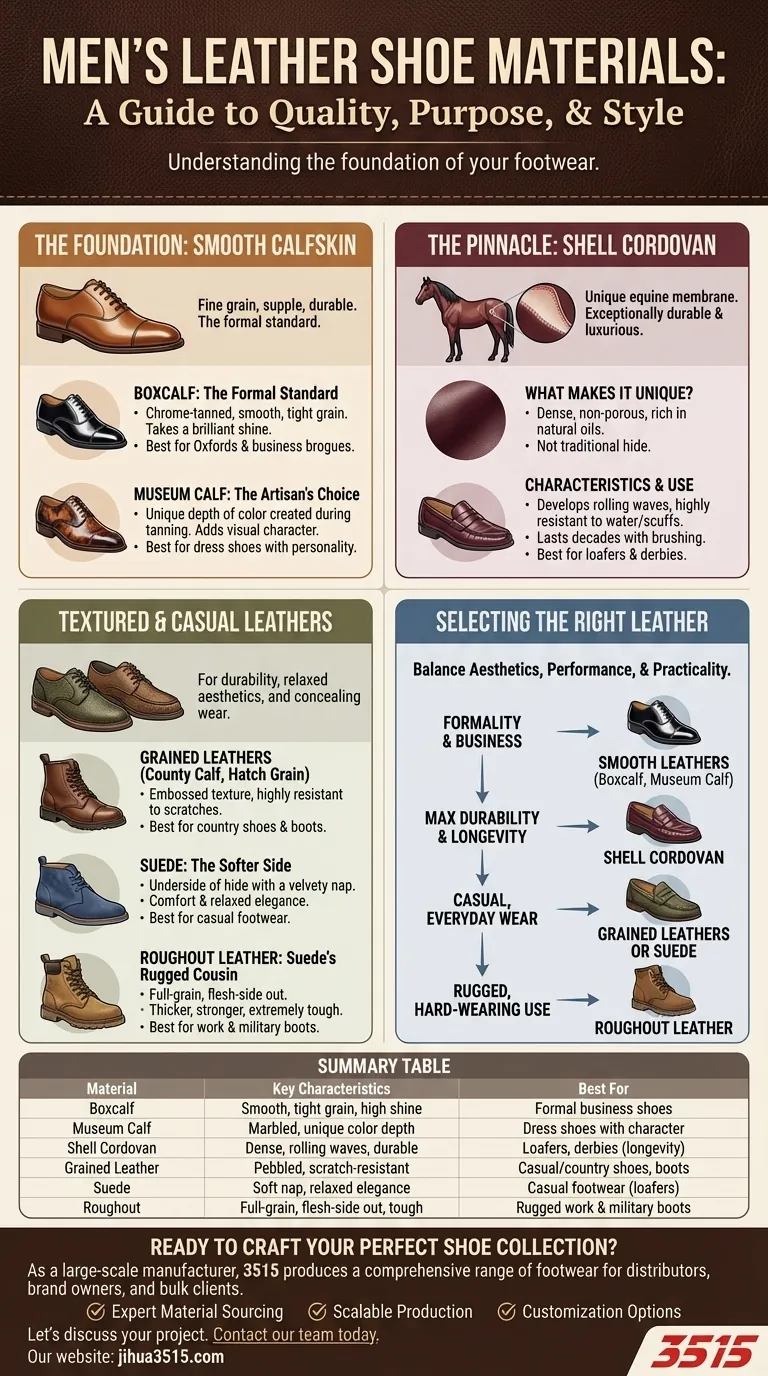 Quels sont les matériaux couramment utilisés pour fabriquer des chaussures en cuir pour hommes ? Un guide du cuir de veau, du cordovan et du daim. Guide Visuel
