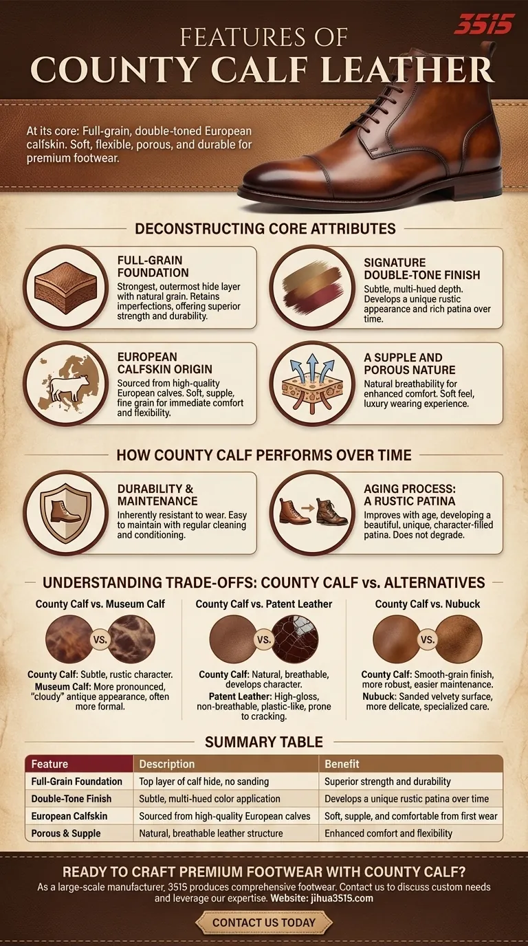 Quelles sont les caractéristiques du cuir County Calf ? Découvrez le cuir de première qualité pour des chaussures durables et pleines de caractère Guide Visuel