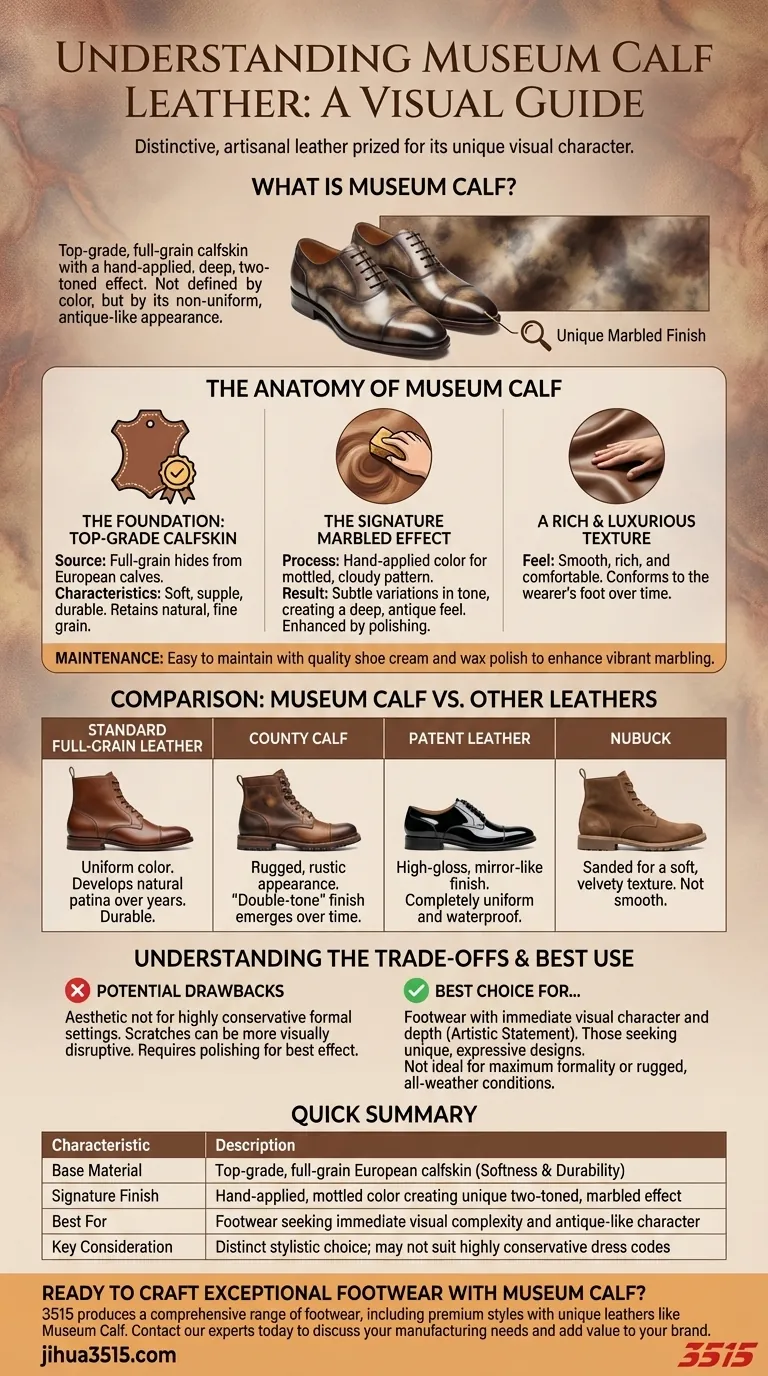 Quelles sont les caractéristiques du cuir Museum Calf ? Découvrez sa finition marbrée unique Guide Visuel