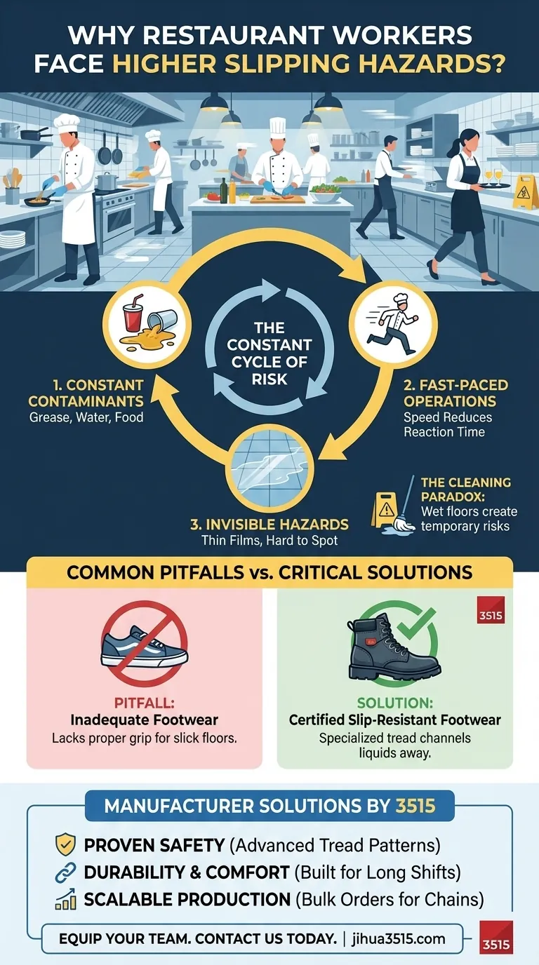 ¿Por qué los trabajadores de restaurantes se enfrentan a mayores riesgos de resbalones? Los riesgos inherentes de un entorno de ritmo rápido Guía Visual