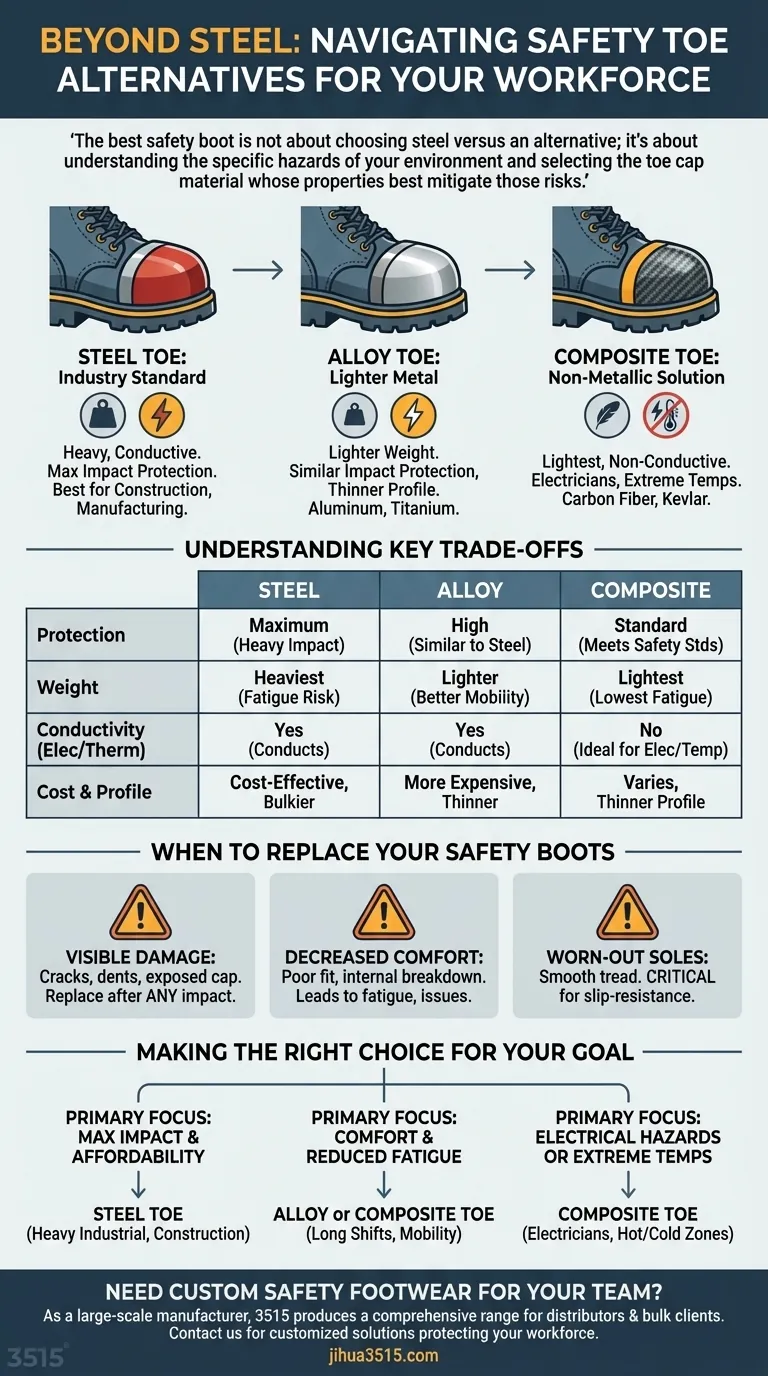 Quelles sont les alternatives courantes aux bottes à embout d'acier ? Explication des embouts en alliage et composites Guide Visuel