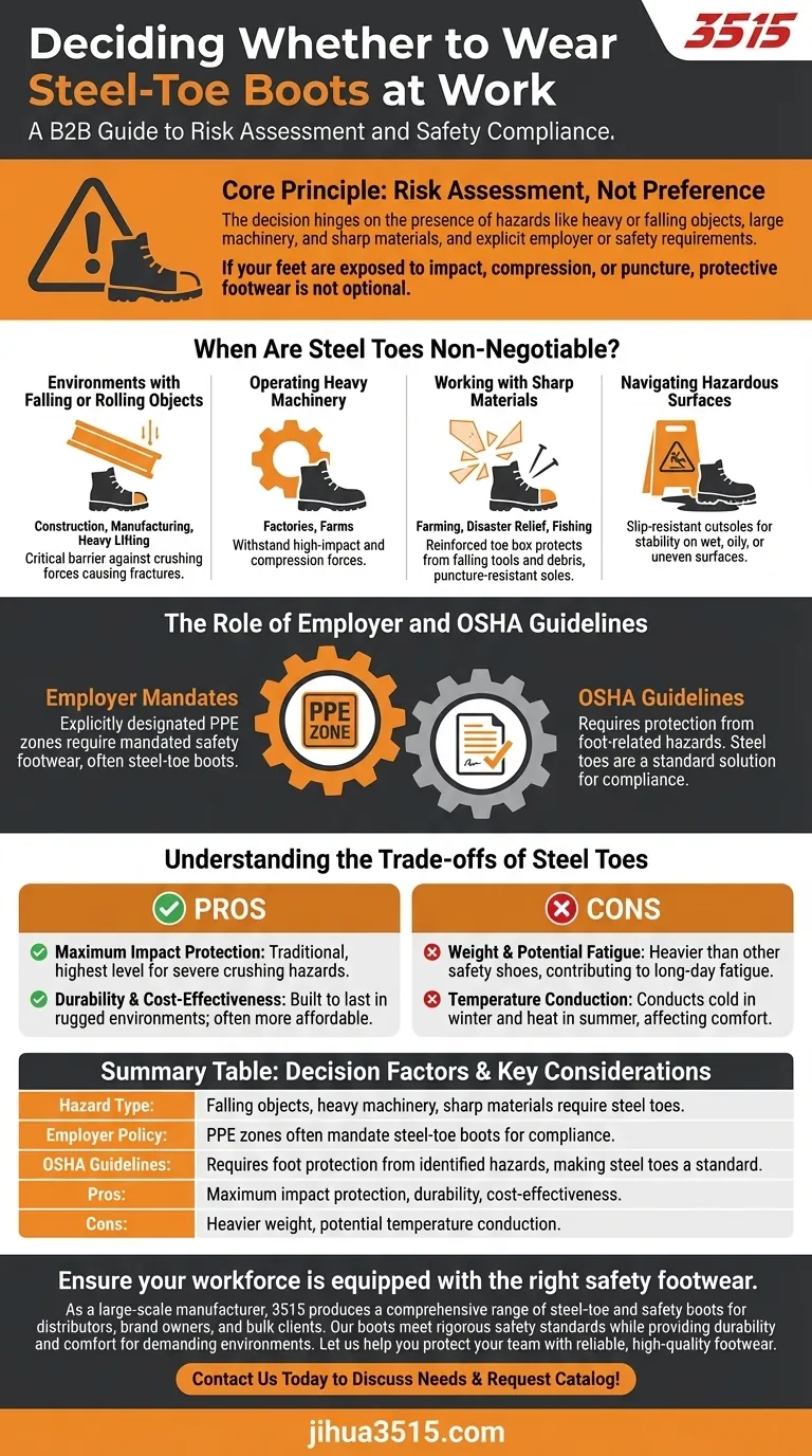 Come si decide se indossare stivali con punta in acciaio al lavoro? Valuta i tuoi rischi per una sicurezza ottimale dei piedi Guida Visiva