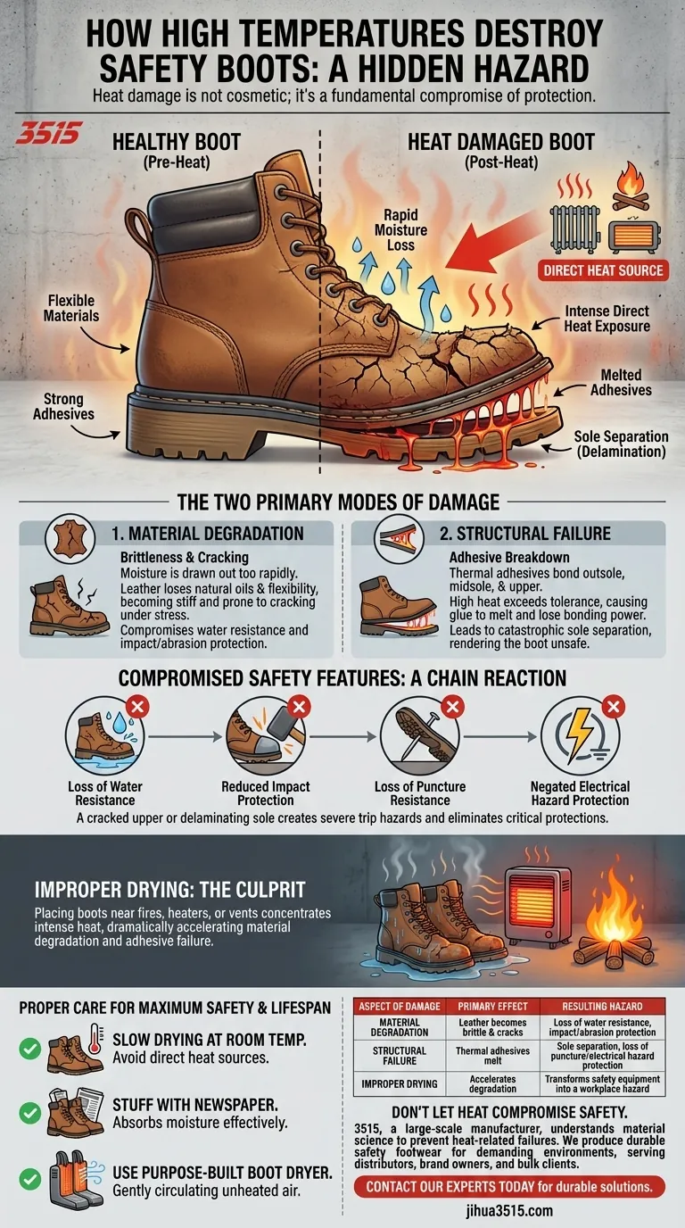 كيف يؤدي التعرض المتكرر لدرجات الحرارة المرتفعة إلى إتلاف أحذية السلامة؟ تجنب حالات الفشل الهيكلي المكلفة دليل مرئي