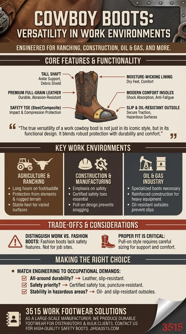 Dans quels environnements de travail les bottes de cowboy sont-elles polyvalentes ? Un guide des chaussures de travail durables et sûres Guide Visuel