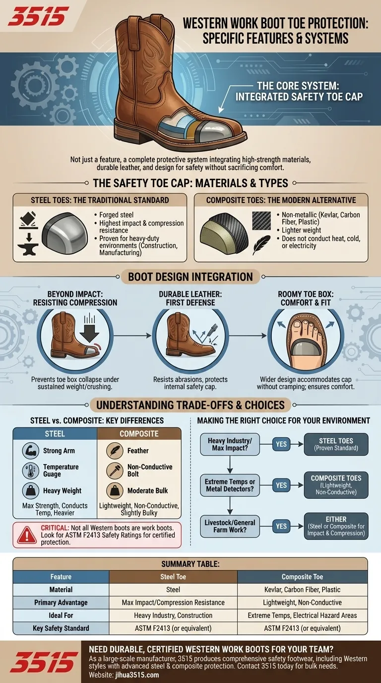 ما هي الميزات المحددة التي تتميز بها أحذية العمل الغربية لحماية الأصابع؟ دليل لأغطية الأصابع الفولاذية والمركبة دليل مرئي