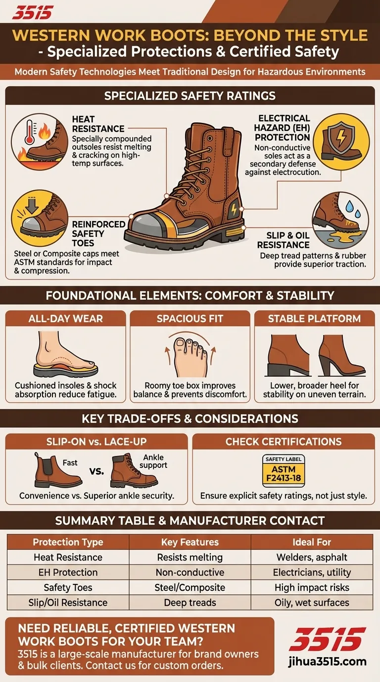 Quelles protections supplémentaires offrent certaines bottes de travail western ? Chaleur, électricité et résistance au glissement expliquées Guide Visuel