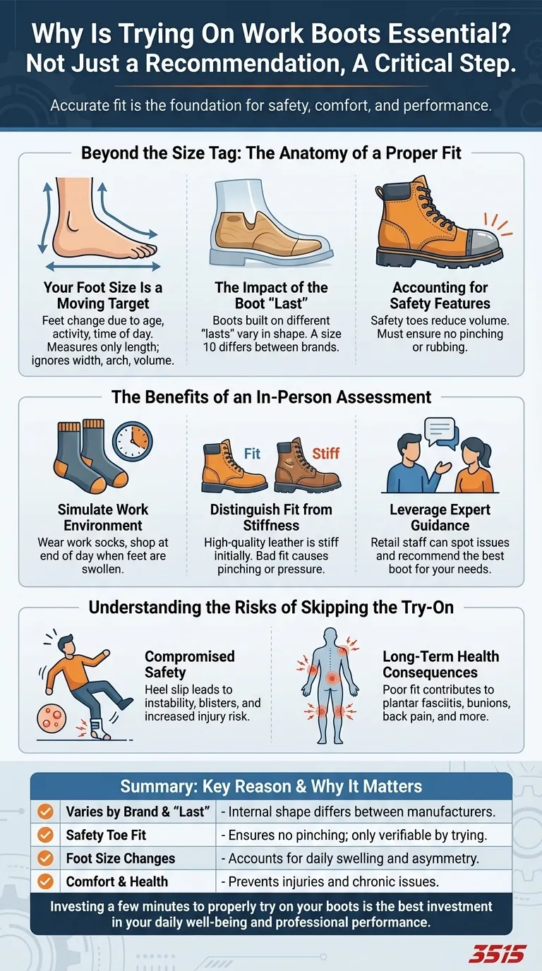 Why is it recommended to try on work boots before buying them? Ensure Perfect Fit & Safety Visual Guide