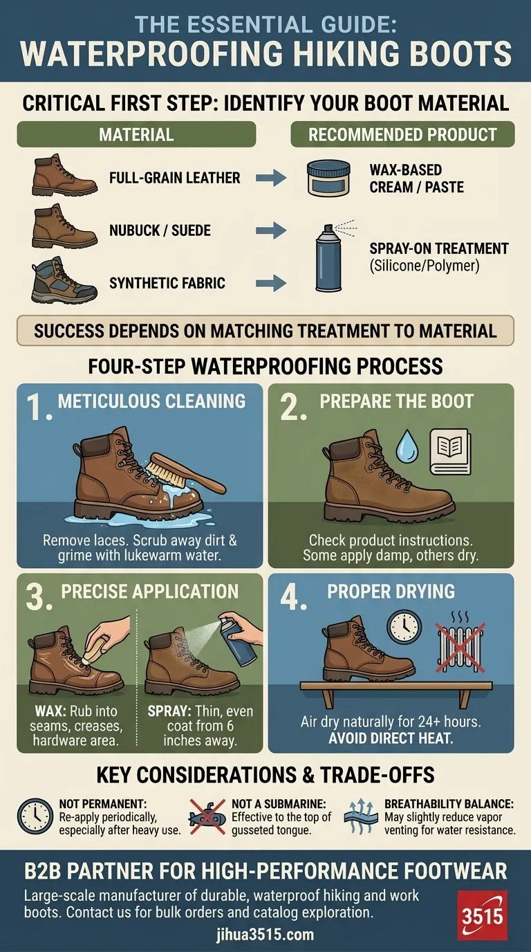 Quelle est la première étape pour imperméabiliser les chaussures de randonnée ? Choisir le bon produit pour le matériau de votre chaussure Guide Visuel