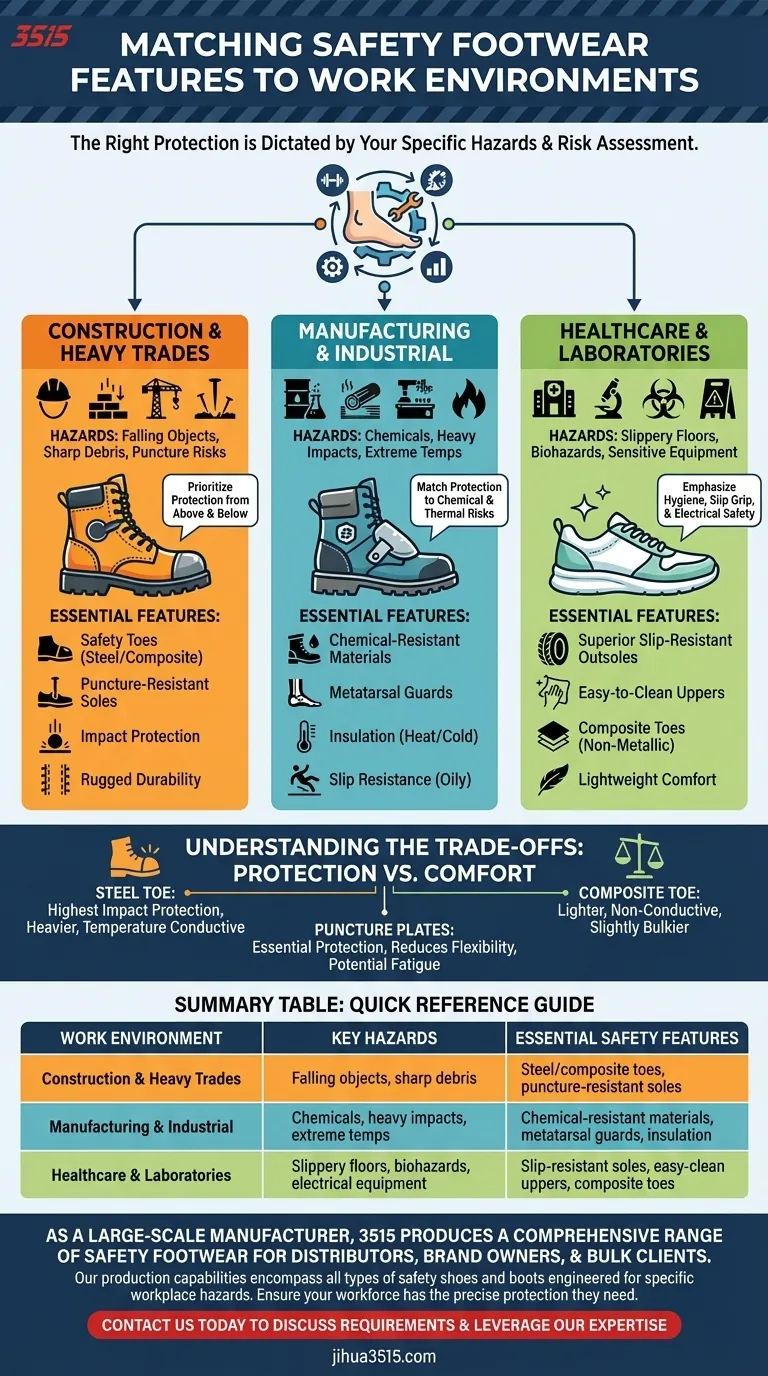 ¿Qué tipos de entornos de trabajo requieren características específicas en el calzado de seguridad? Garantice la protección total del pie en el lugar de trabajo Guía Visual