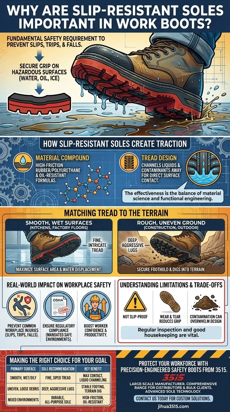 Perché le suole antiscivolo sono importanti negli scarponi da lavoro? Previene le cadute e aumenta la sicurezza Guida Visiva