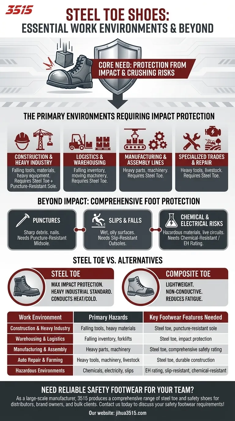 В каких рабочих условиях особенно необходима обувь с защитным подноском? Важно для строительства, складов и многого другого Визуальное руководство