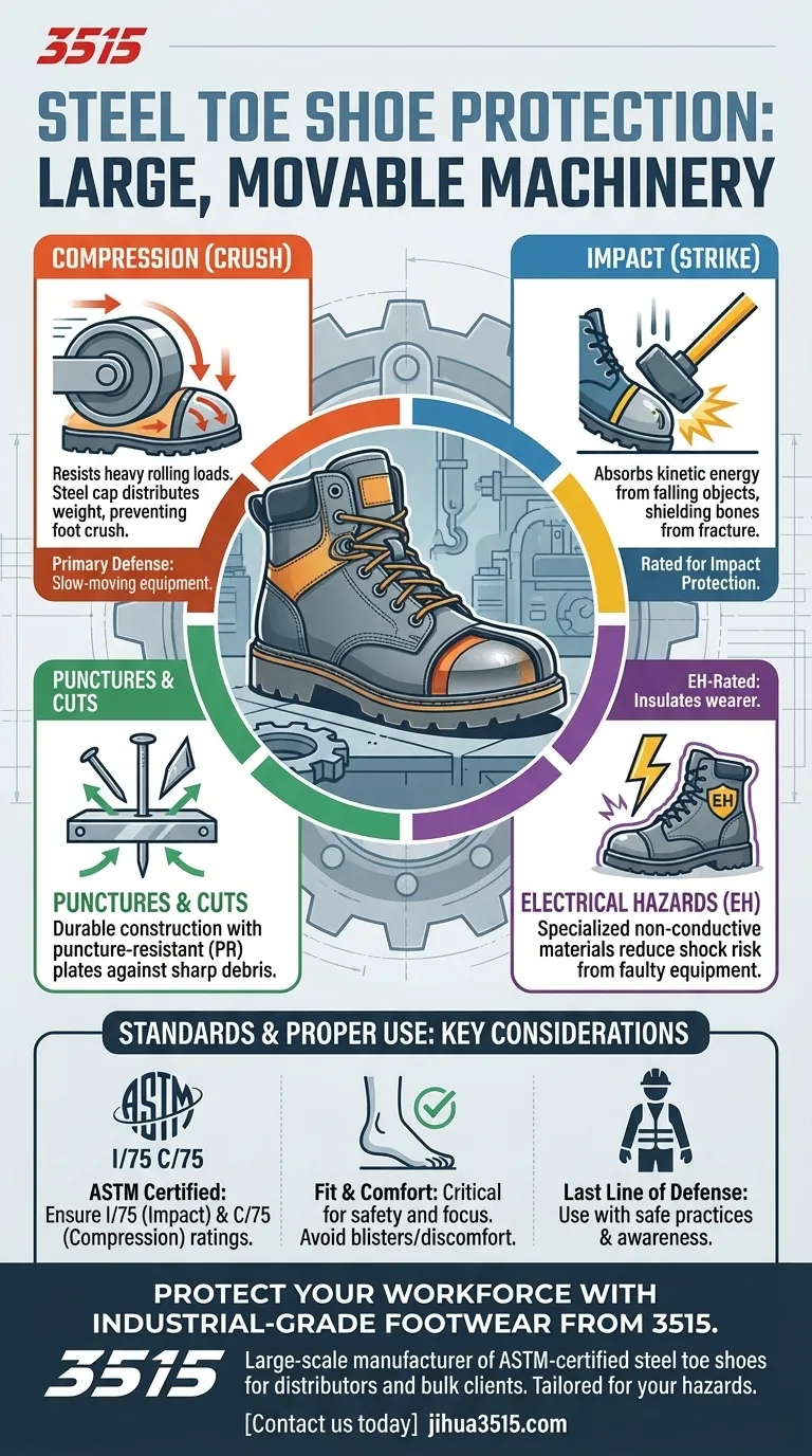 Come proteggono le scarpe con punta in acciaio i lavoratori in aree con macchinari grandi e mobili? Guida essenziale alla sicurezza Guida Visiva