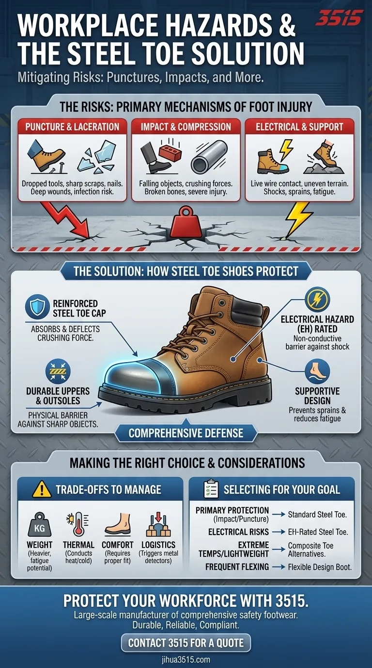 ¿Qué riesgos presentan los materiales o herramientas punzantes para los trabajadores? Consigue una protección inigualable para los pies con zapatos de punta de acero Guía Visual