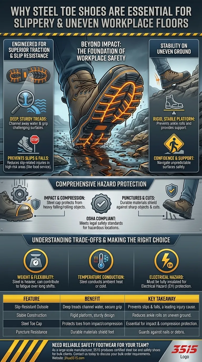 Perché le scarpe con punta in acciaio sono vantaggiose sui pavimenti scivolosi? Trazione superiore e prevenzione delle cadute Guida Visiva