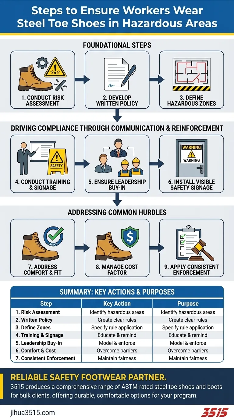 ¿Qué medidas deben tomar los empleadores para garantizar que los trabajadores usen calzado de seguridad con punta de acero? Construya un sistema sólido de cumplimiento de seguridad Guía Visual