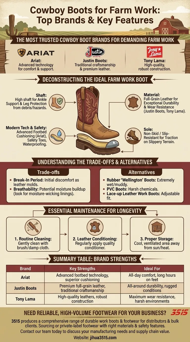 Quelles sont les marques populaires de bottes de cowboy pour le travail agricole ? Trouvez des options durables, sûres et confortables. Guide Visuel