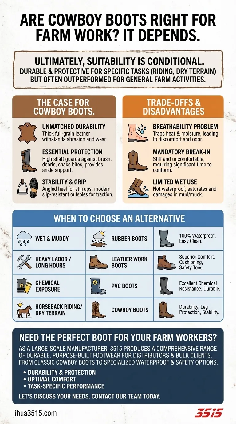 Quelle est la conclusion concernant l'utilisation de bottes de cowboy pour le travail à la ferme ? Un guide pour choisir la bonne botte Guide Visuel